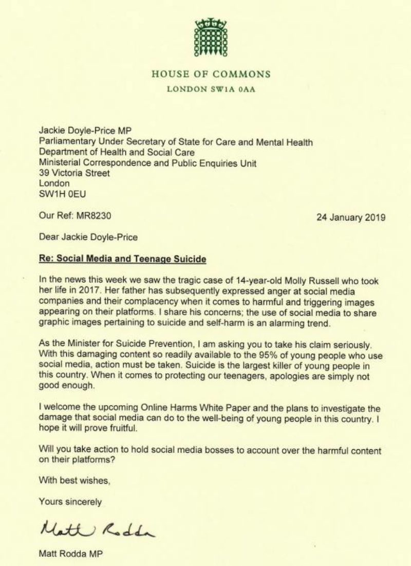 Letter to Minister for Suicide Prevention