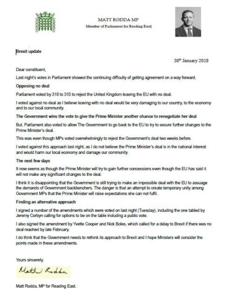 Letter from Matt Rodda MP