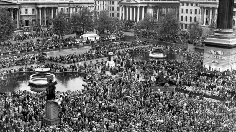 Crowds gathered in Trafalgar Square for VE Day celebrations