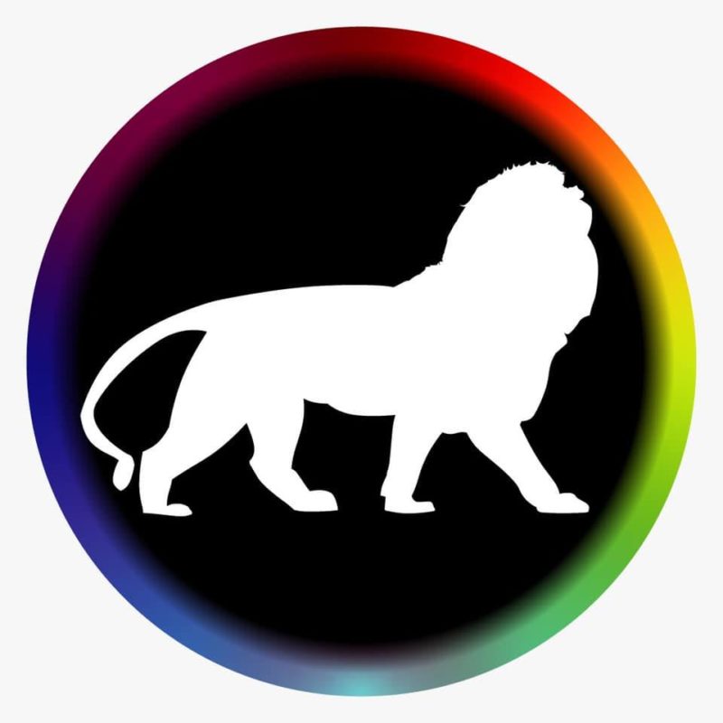 White silhouette of the Maiwand Lion against a black background, with a rainbow border