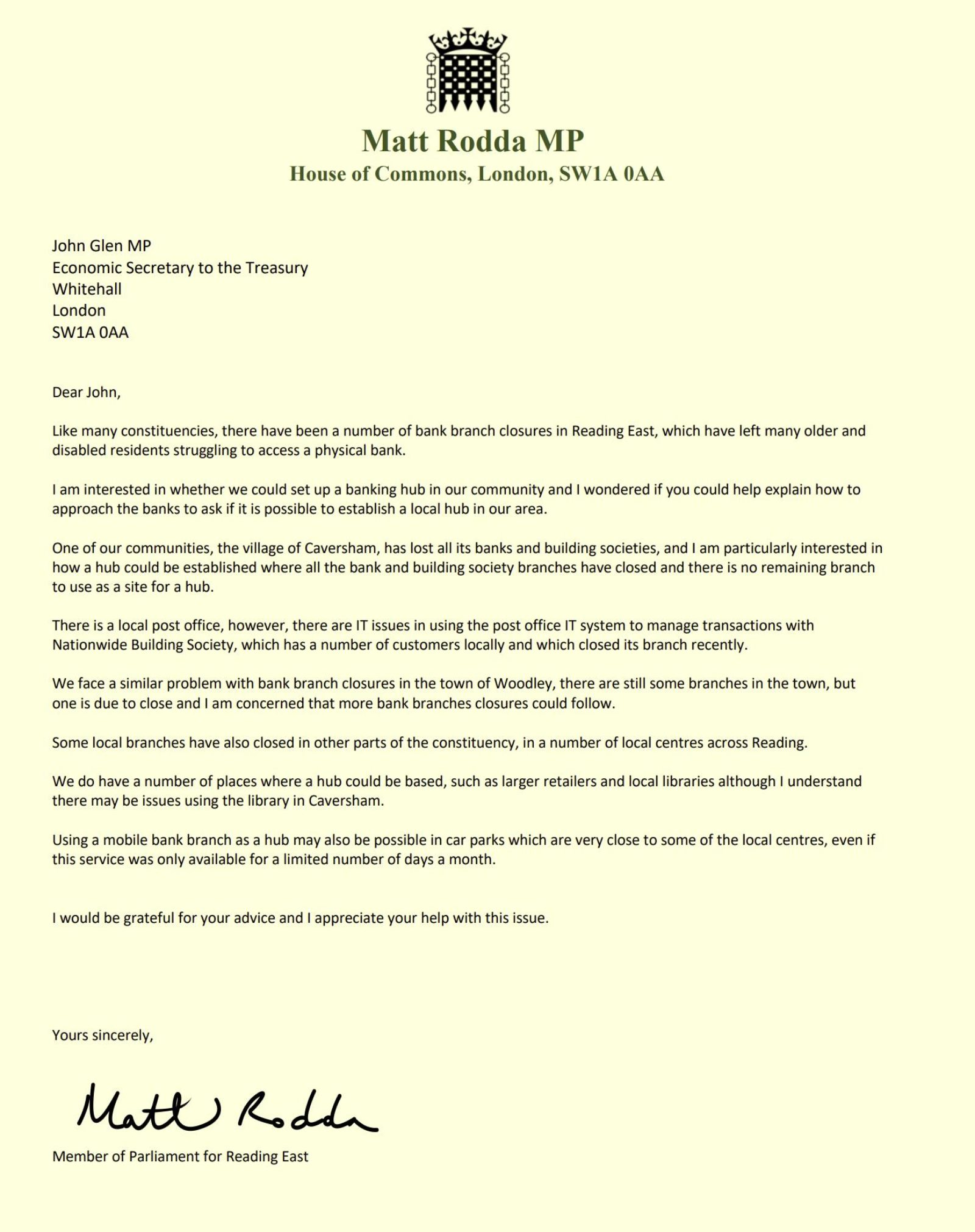 A image of a letter to John Glen MP
