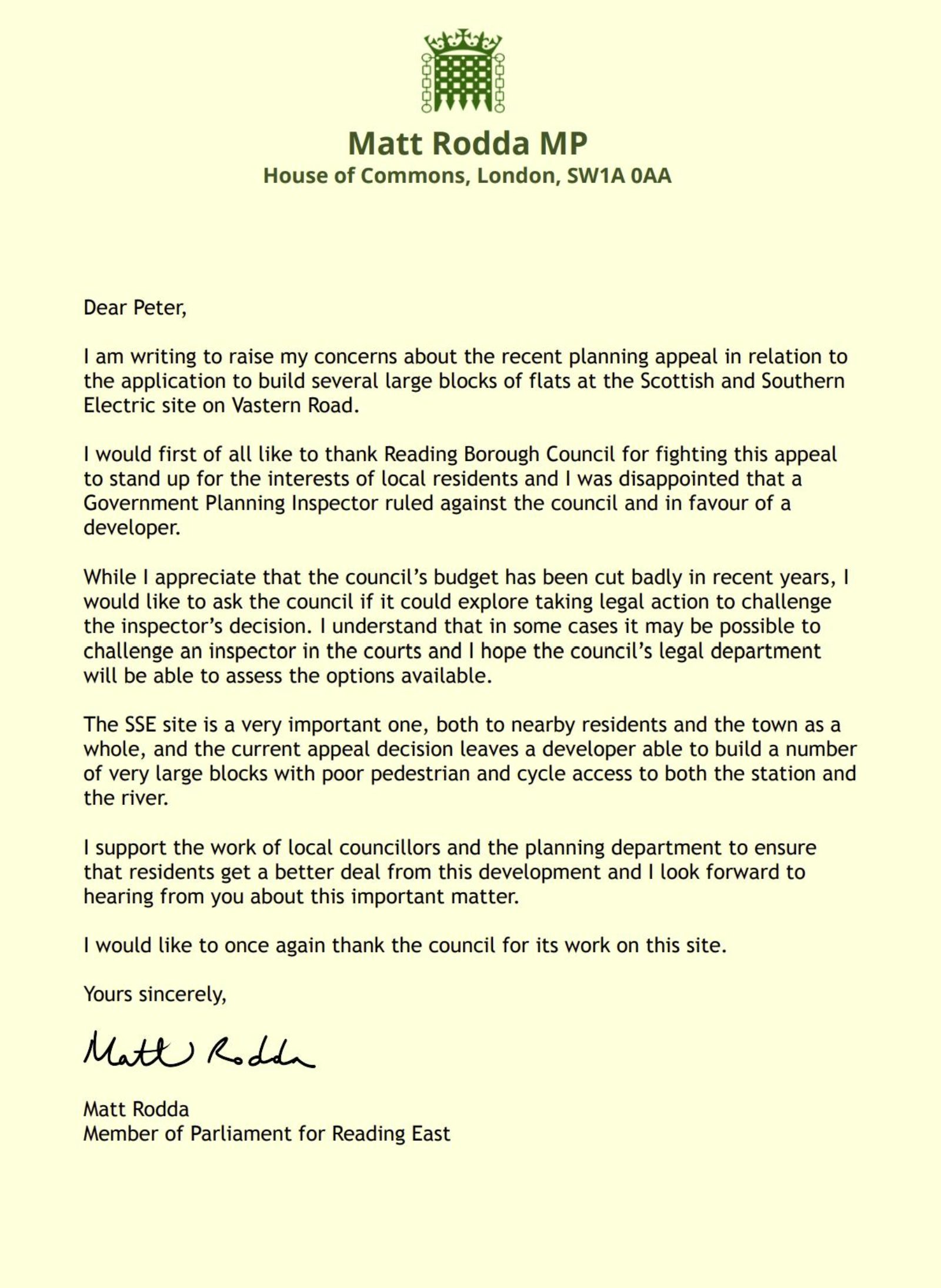 Copy of letter from Matt Rodda MP to Reading Borough Council