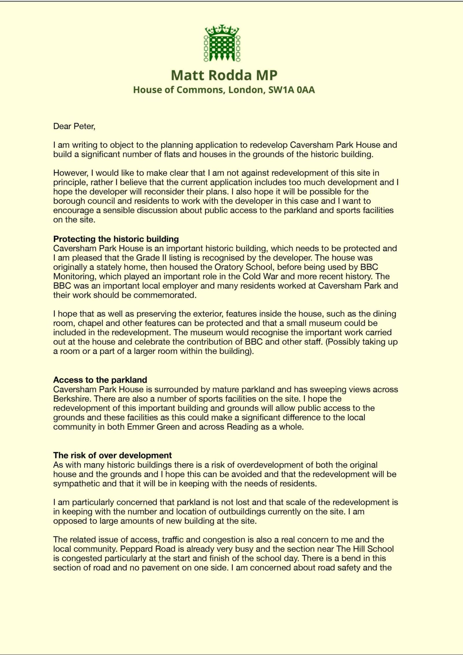 Side 1, Letter to Reading Council re Caversham Park House Development