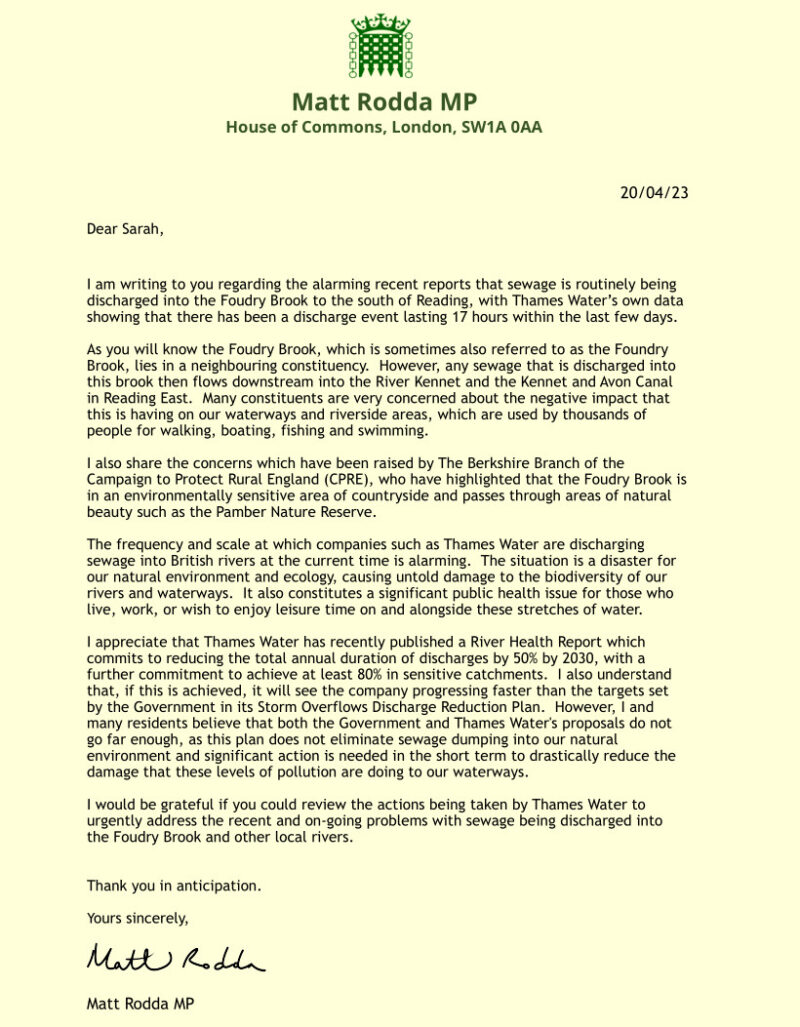 Letter to the CEO of Thames Water regarding sewage discharges in Foudry Brook