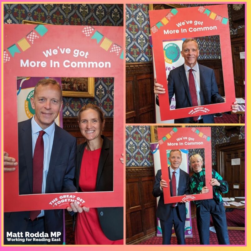 Photo montage of Matt Rodda with Kim Leadbetter MP, both are holding frames promoting the Great Get Together 2023 event