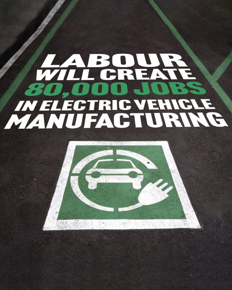 Close up photograph of a parking space with an car charging symbol on the tarmac. Superimposed text reads 