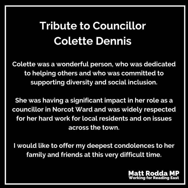 Black and white graphic featuring a text tribute to Colette Dennis
