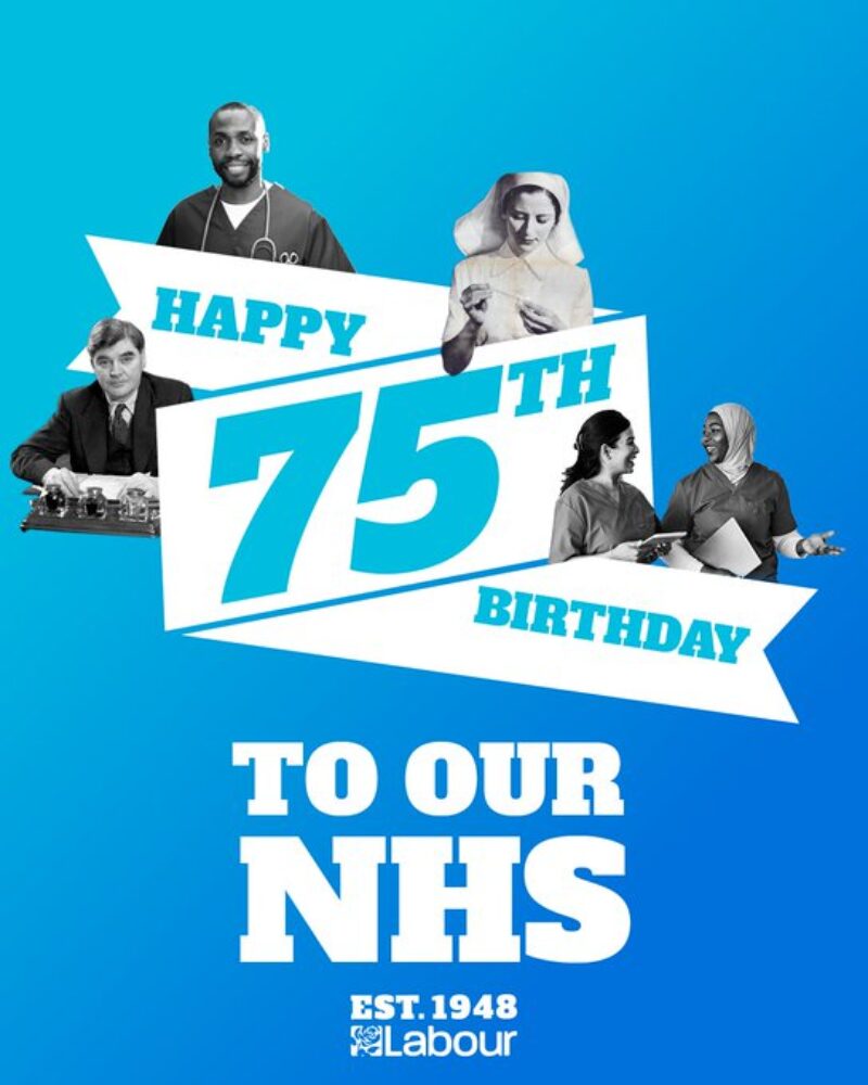 Graphic with a blue background featuring black and white photographs medical professionals and Nye Bevan, the founder of the NHS. A ribbon runs across the centre of the graphic with the text 