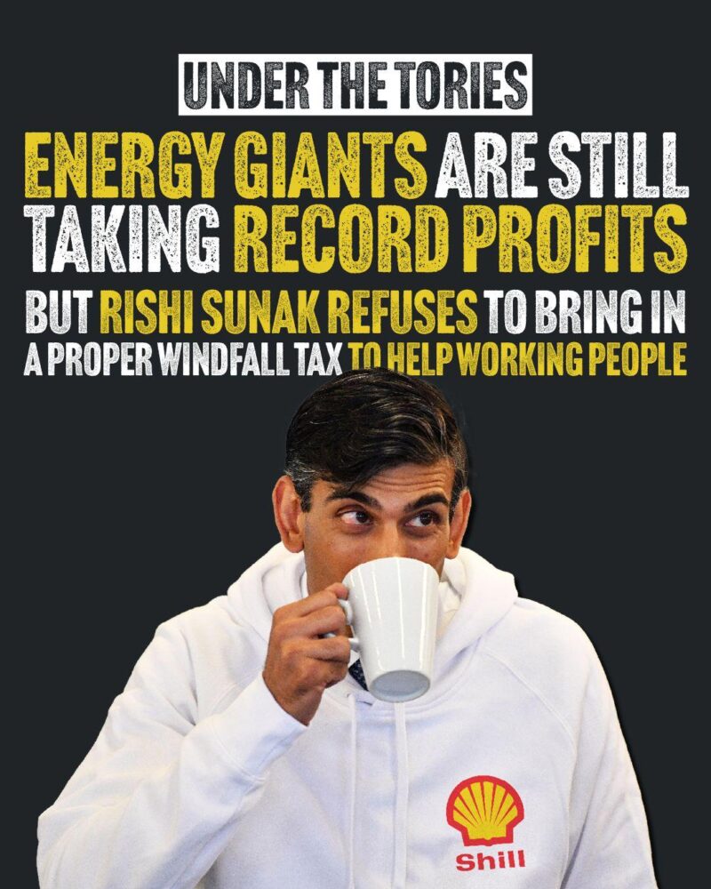 Graphic featuring a photograph of Prime Minister Rishi Sunak wearing a white hoody with a Shell logo on the breast. The Prime Minister is looking up while drinking from a white mug. Above his head the superimposed text reads 
