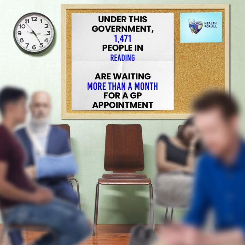 A photograph of a GP surgery waiting room. There are a group of people sitting around, out of focus. In focus in the background is a noticeboard with a sign reading 