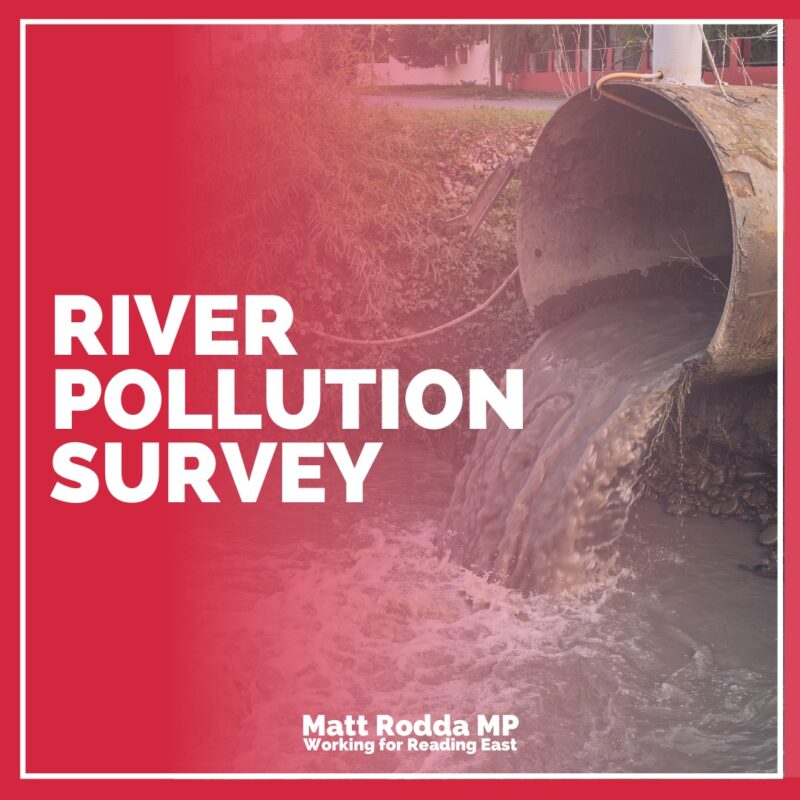 Graphic of a water pipe releasing sewage into a river. Superimposed over a red background, the text on the right side reads 