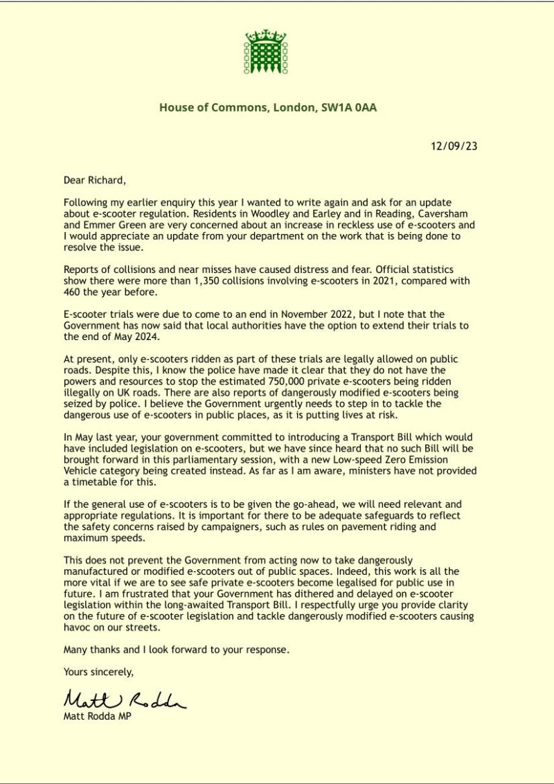 Letter from Matt Rodda MP to Richard Holden MP, Transport Minister