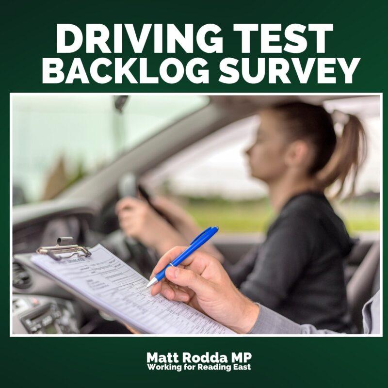 Graphic shows a learner driver taking her driving test. She is driving the car and is out of focus. In the foreground of the picture is the test examiner