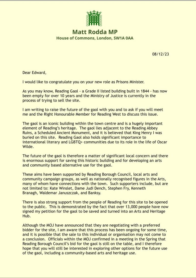 Letter from Matt Rodda MP to the Prisons Minister, side one