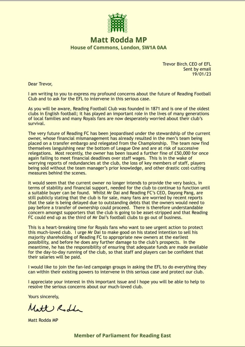 Letter from Matt Rodda to the EFL on Parliamentary stationery